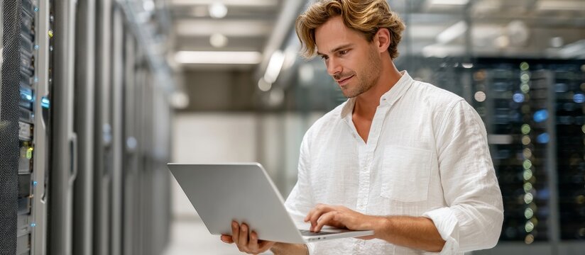 Modern. Technology. Data Center. Laptop. Server Room. Professional.