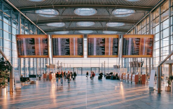 Modern Airport Terminal Interior with Departure Boards and Travelers in Bright Natural Light