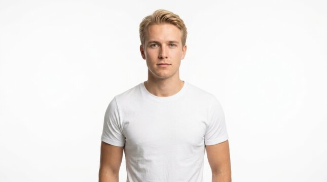 A handsome young blond man wearing a simple white t-shirt looking directly at the camera with a calm neutral face