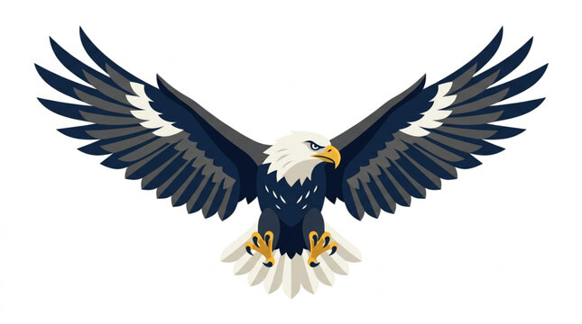 Majestic bald eagle flying with open wings isolated on white background. Vector illustration of a powerful bird of prey mascot.