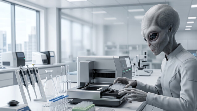 Gray alien scientist loading DNA samples into automated sequencing instrument in futuristic genomics laboratory