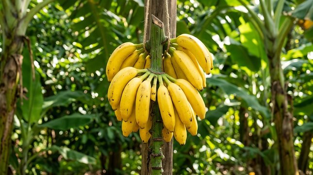 Ripe organic banana bunch hanging on tree. Fresh yellow tropical fruit ready for harvest in vibrant sunlight.