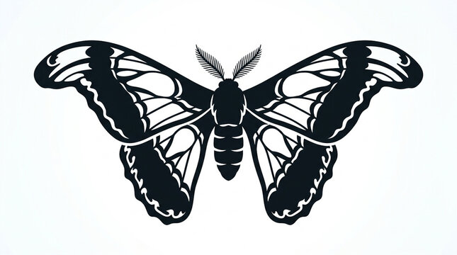 Title:
Vintage Moth Silhouette Vector Illustration - Black and White Insect Logo Icon Isolated on White Background