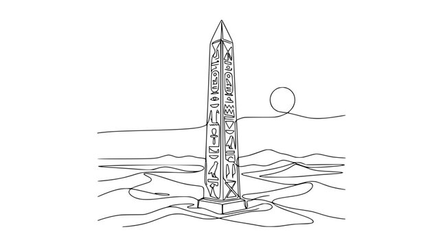 Ancient Egyptian Obelisk in Desert Landscape with Sun - Line Art