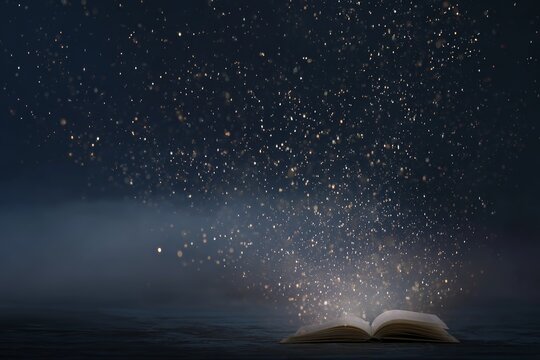 Open book with glowing stars and floating sparkles over a dark night sky for magical storybook background and fantasy banner design