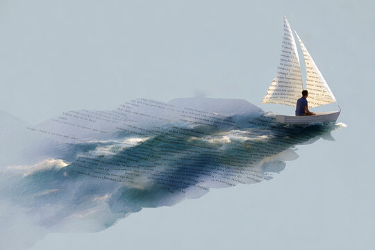 Small sailboat with paper sails sailing on a watercolor sea of book pages symbolizing reading escape and literary imagination for poster or wallpaper