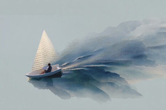 Watercolor illustration of a reader in a boat with a book page sail on an abstract ocean for literary poster and dreamy wallpaper