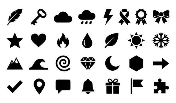 Minimalist black icon set with feathers clouds lightning ribbons and versatile design symbols isolated on white background