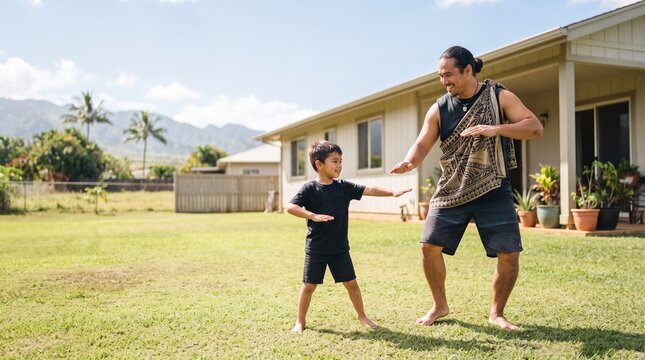 Happy Polynesian dad with tattoos bonding and practicing cultural dance with his little boy outdoors