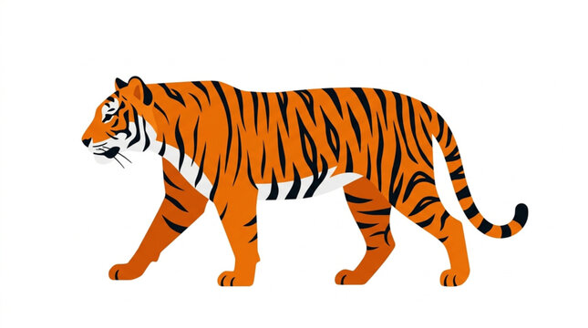 Side view of a powerful tiger walking isolated on white background. Vector illustration of a majestic wild big cat character.