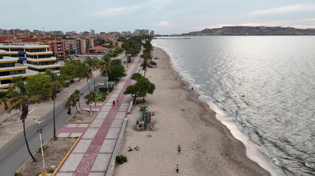 Drone view overlooking a sandy beachfront boulevard with apartment complexes and palm trees.