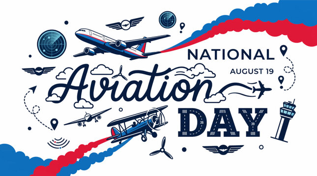 Vibrant illustration with colorful illustration celebrating stylized aircraft _ National Aviation  Day 19 August
