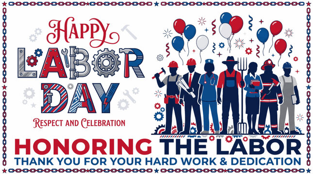 Celebratory graphic honoring diverse workers with patriotic gear with themed graphic _ USA  National Labor Day 2026