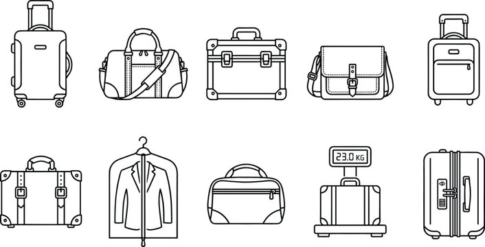 Luggage icon set featuring travel suitcases briefcases baggage scale garment bag and backpacks in black linear outline style
