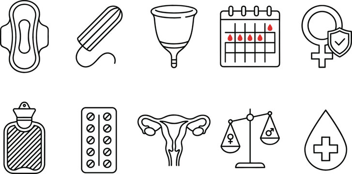 Menstrual cycle and female health outline icon set with sanitary pad tampon menstrual cup calendar uterus pills and hot water bottle