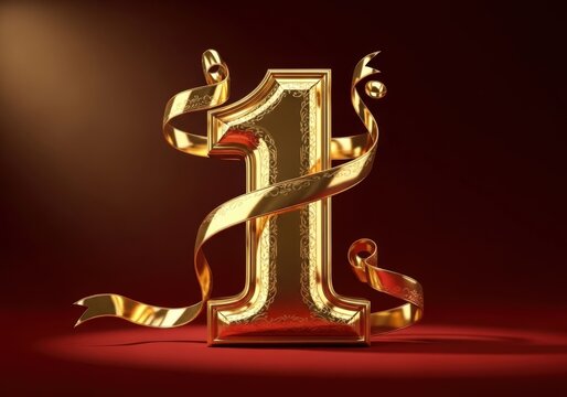 Golden decorative hebrew letter yud with ribbon isolated on white background