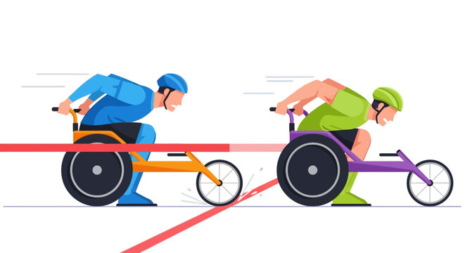 Two wheelchair racers compete crossing the finish line.