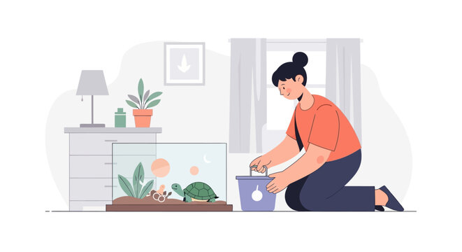 Woman cleaning a turtle terrarium at home.
