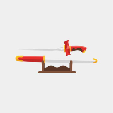 Traditional Indonesian Kris dagger on wooden stand.