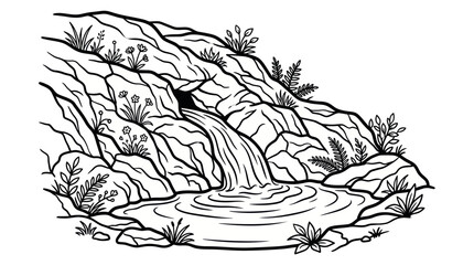 Rocky mountain waterfall and pond coloring book page © sabar