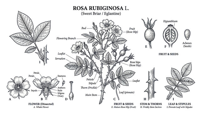 Rosa Rubiginosa botanical diagram with scientific labeled parts.