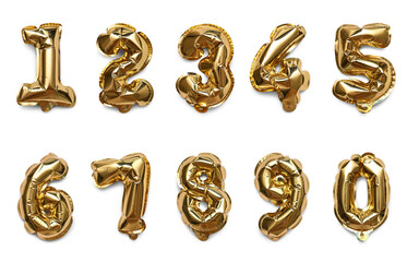 Fototapeta premium Shiny golden foil balloons forming numbers zero through nine for party decorations and anniversary celebrations, These metallic inflatable digits are perfect for celebrating birthdays, anniversaries