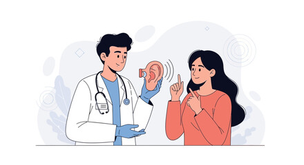 Fototapeta premium Doctor demonstrating a hearing aid to a patient, illustrating audiology and hearing health concepts.
