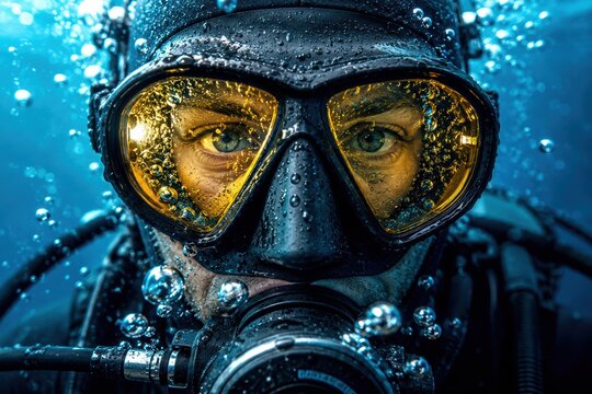 Underwater Gaze: A close-up of a diver's face wearing a mask and regulator, with their eyes reflecting the underwater world of bubbles and blue depths. A powerful image of exploration and the unknown