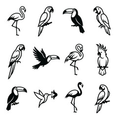 Obraz premium Black silhouettes of tropical birds including flamingos, toucans, and parrots.