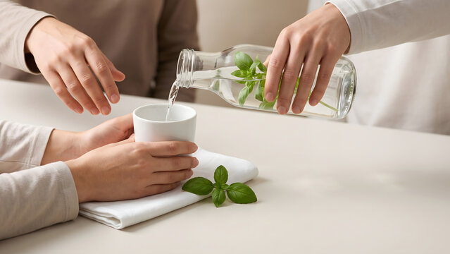 Pouring fresh infused water into ceramic cup with basil leaves