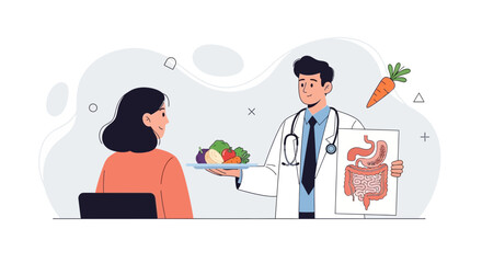 Fototapeta premium Doctor advising patient on healthy diet for digestive health, showing vegetables and anatomy illustration.