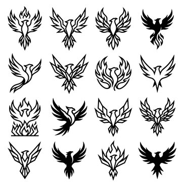Minimalist black phoenix firebird silhouette logo icon collection.