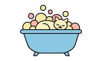 Naklejka premium Playful kitten resting in a rounded bathtub with large bubbles, clean flat design style on white background, pet hygiene icon