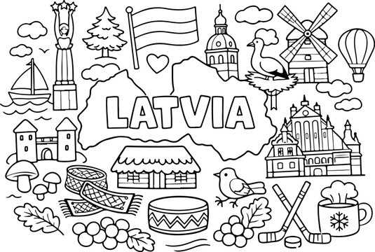 Lettische Sehensw&uuml;rdigkeiten als Cartoon-Umriss, handgezeichnete Linienkunst-Illustration, Doodle-Kunst-Malvorlage f&uuml;r Kinder