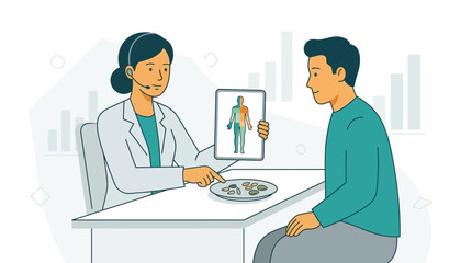 Obraz premium Dietitian Consults Patient, Explaining Nutrition Plan with Body Chart and Food Plate - Vector Illustration