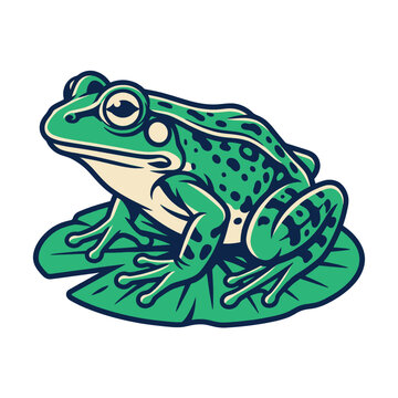 Green frog cartoon character sitting on a lily pad vector illustration.