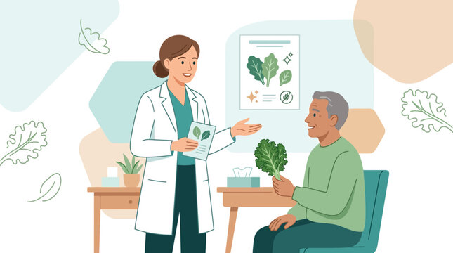 Dietitian Consulting Patient on Healthy Eating with Leafy Greens, Vector Illustration