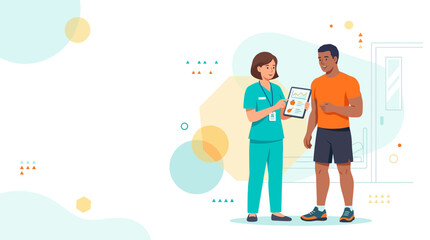 Fototapeta premium Dietitian Consults Athlete on Nutrition Plan With Tablet Showing Health Data and Graphs