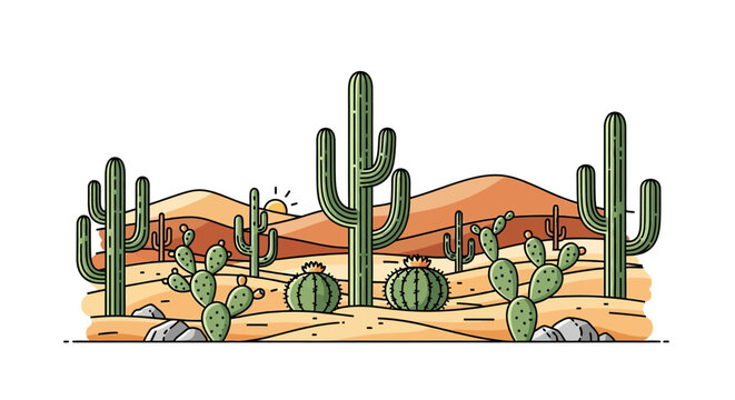 Cactus plants in desert landscape.