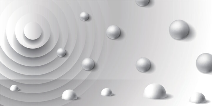 Abstract White Background with Floating Spheres and Concentric Circles