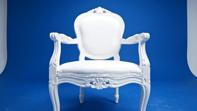 Elegant white armchair isolated in a studio with a blue background, perfect for presentations