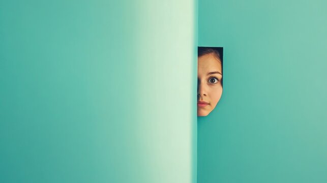 Curious face peeking through a teal wall cutout