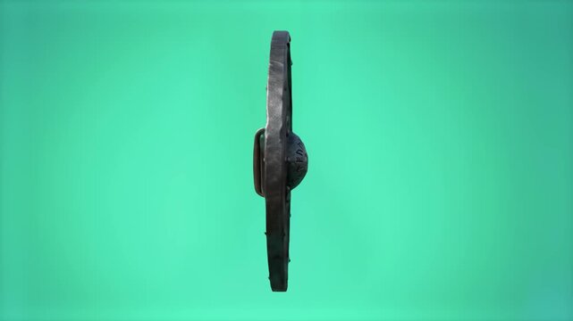 3D render of a medieval round Viking shield revolving around its center, viewed from the side profile. Isolated on a clean teal turquoise background, perfect for historical, gaming, or action video pr