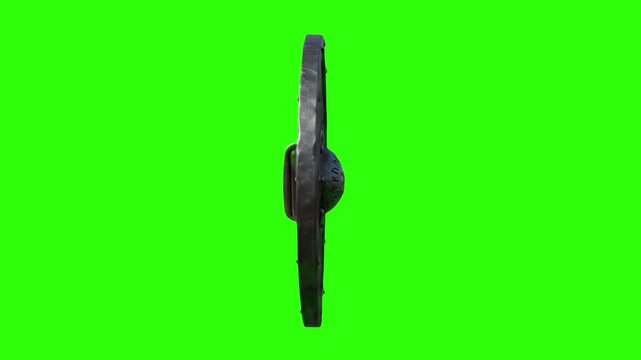 3D animation loop of a medieval wooden Viking shield spinning around its axis, side profile view. Isolated on a bright green screen chroma key background for easy video keying and compositing.