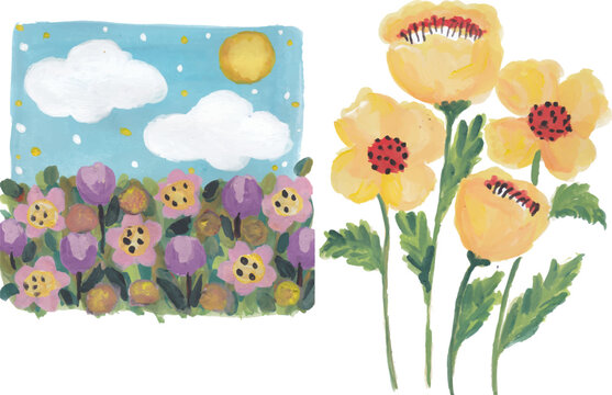 Flower field and yellow flowers hand drawn watercolor