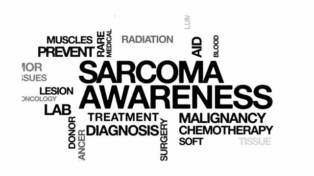 Sarcoma awareness concept Animated Tag Word Cloud kinetic typography, Text Design Animation typography seamless loop video motion graphics Intro Wordart arrangement black type on white background bg b