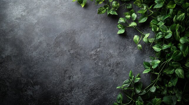 Dark textured background with vibrant green foliage