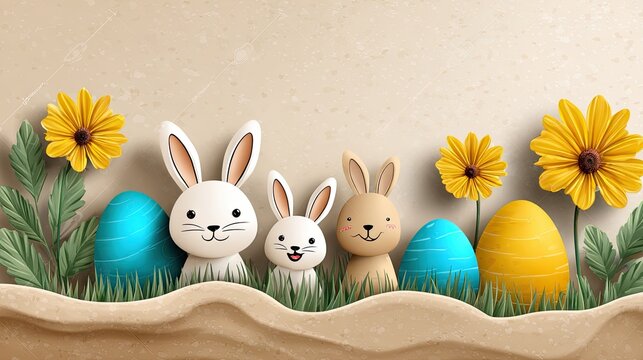 Easter rabbits and eggs festive background