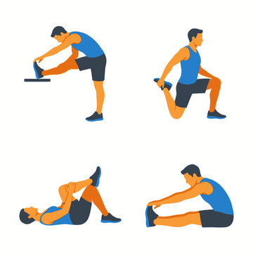 Vector illustration set of a man performing different stretching exercises for flexibility and fitness.