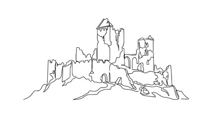 Obraz premium Ruined Castle Outline Drawing, Ancient Fortress Sketch, Historical Landmark Illustration